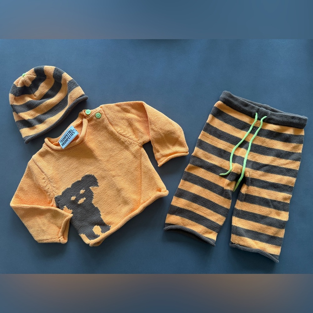 Trumpette Orange Knit W/ Dog Print Baby Outfit Sz 0-6 M Sweater Pants Hat